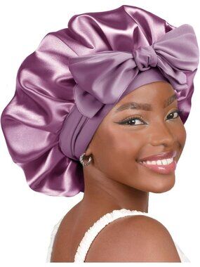 〽️Women Purple Double Layer Hair Wrap Reduce Friction Prevent Frizz Satin Bonnet